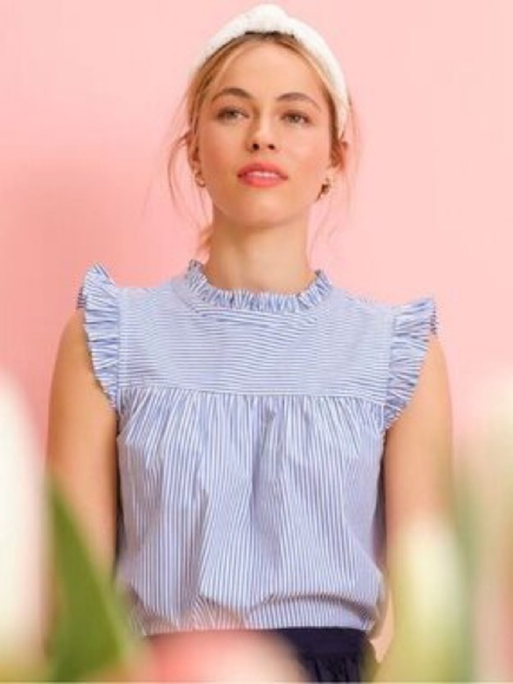 J. Crew Blue & White Striped Ruffle-Yoke Camisole